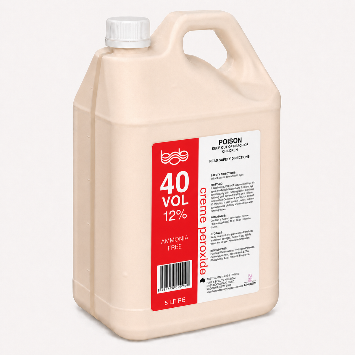 BOB Creme Developer Peroxide 5L - 40 Vol 12% Professional Salon Developer
