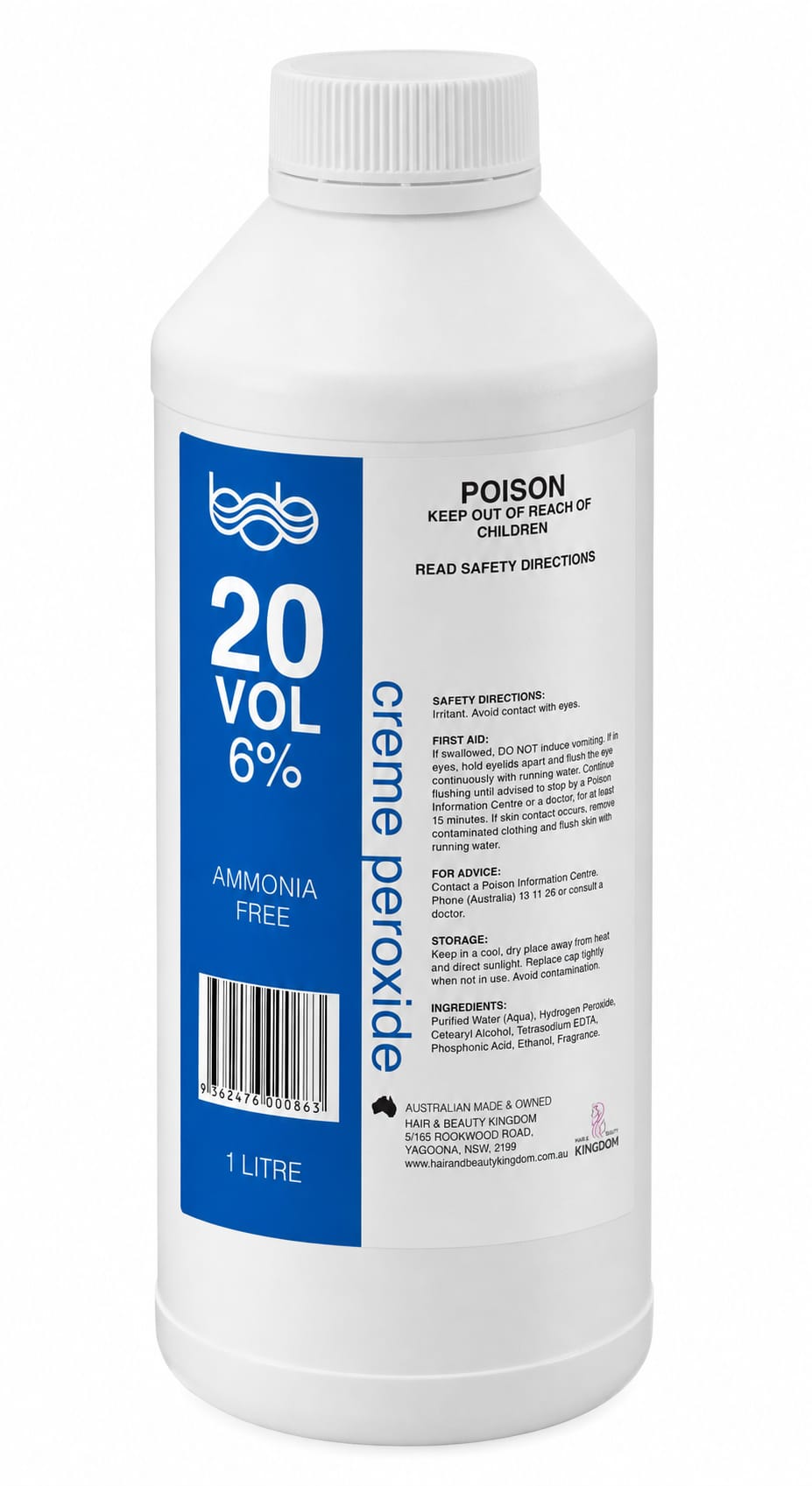 BOB Creme Developer Peroxide 1L - 20 Vol 6% Professional Salon Developer