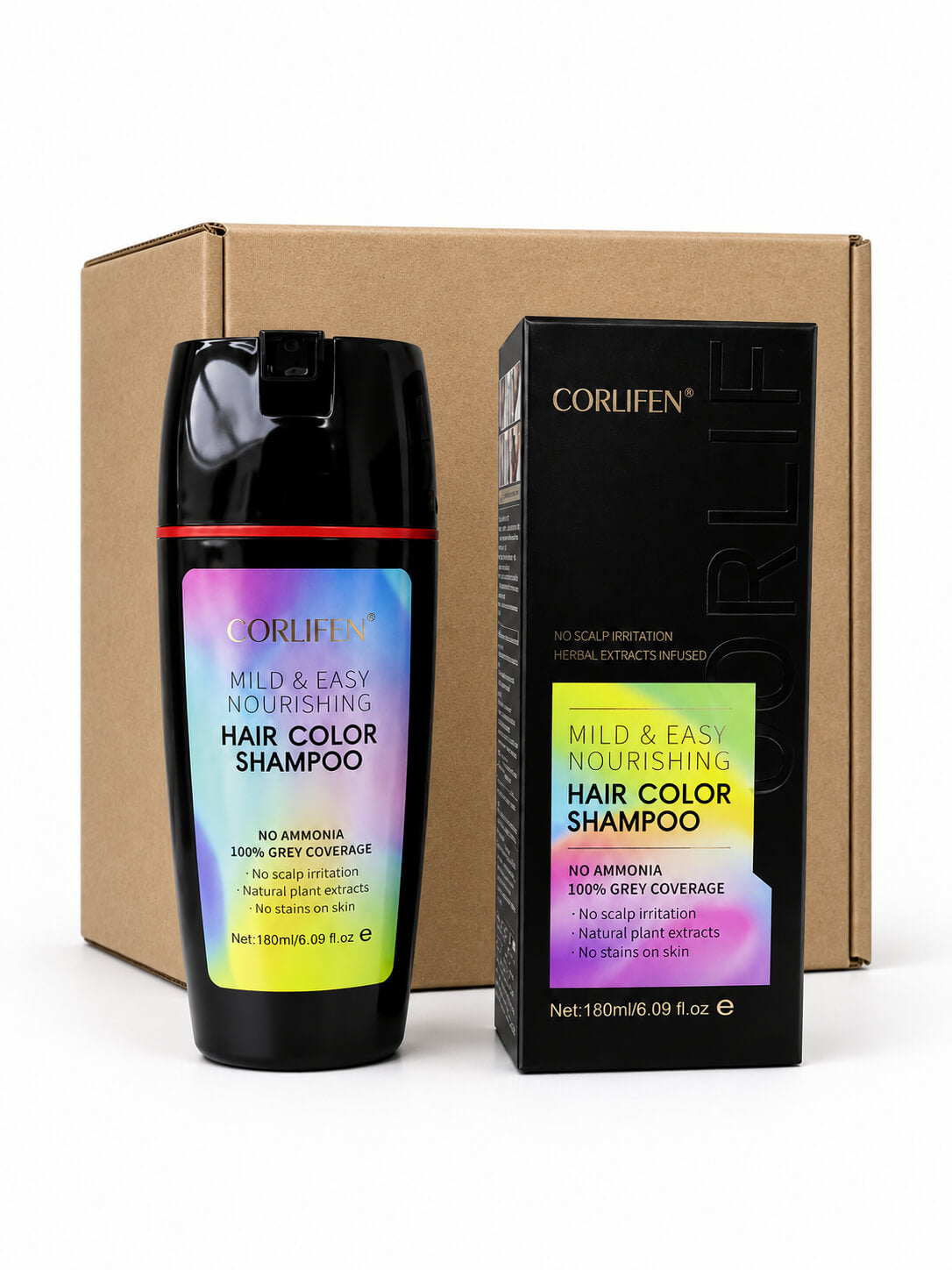 Carton of 12x CORLIFEN Permanent Ammonia-Free Vegan Hair and Beard Colouring Shampoo 180ml - Brown