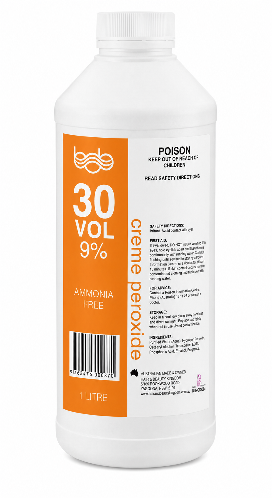 BOB Creme Developer Peroxide 1L - 30 Vol 9% Professional Salon Developer