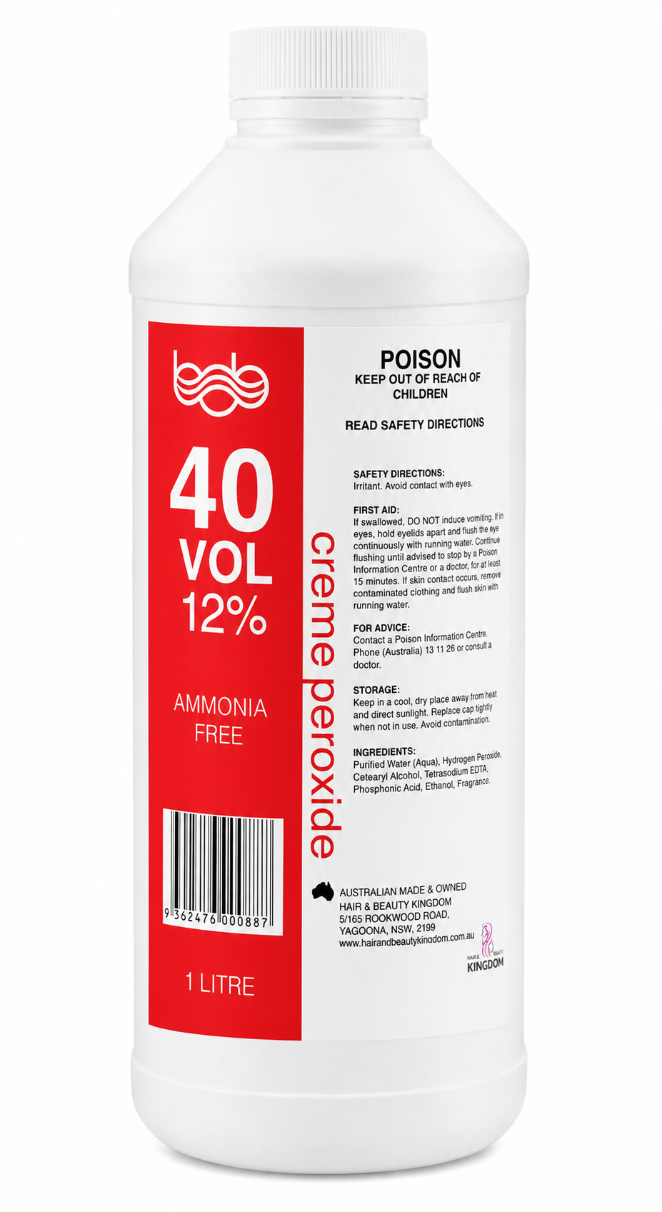 BOB Creme Developer Peroxide 1L - 40 Vol 12% Professional Salon Developer