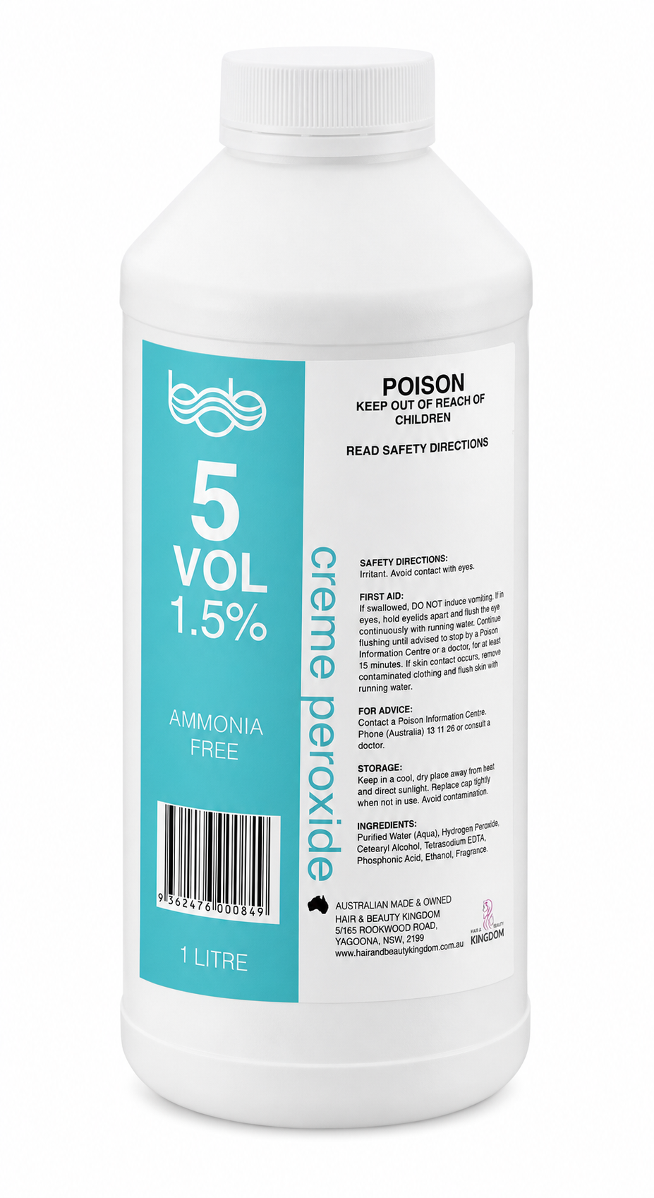 BOB Creme Developer Peroxide 1L - 5 Vol 1.5% Professional Salon Developer