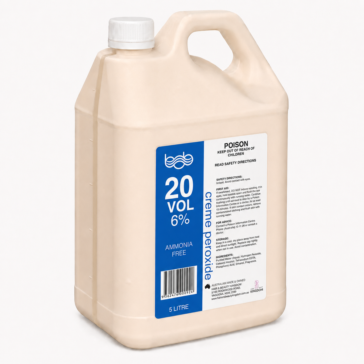 BOB Creme Developer Peroxide 5L - 20 Vol 6% Professional Salon Developer