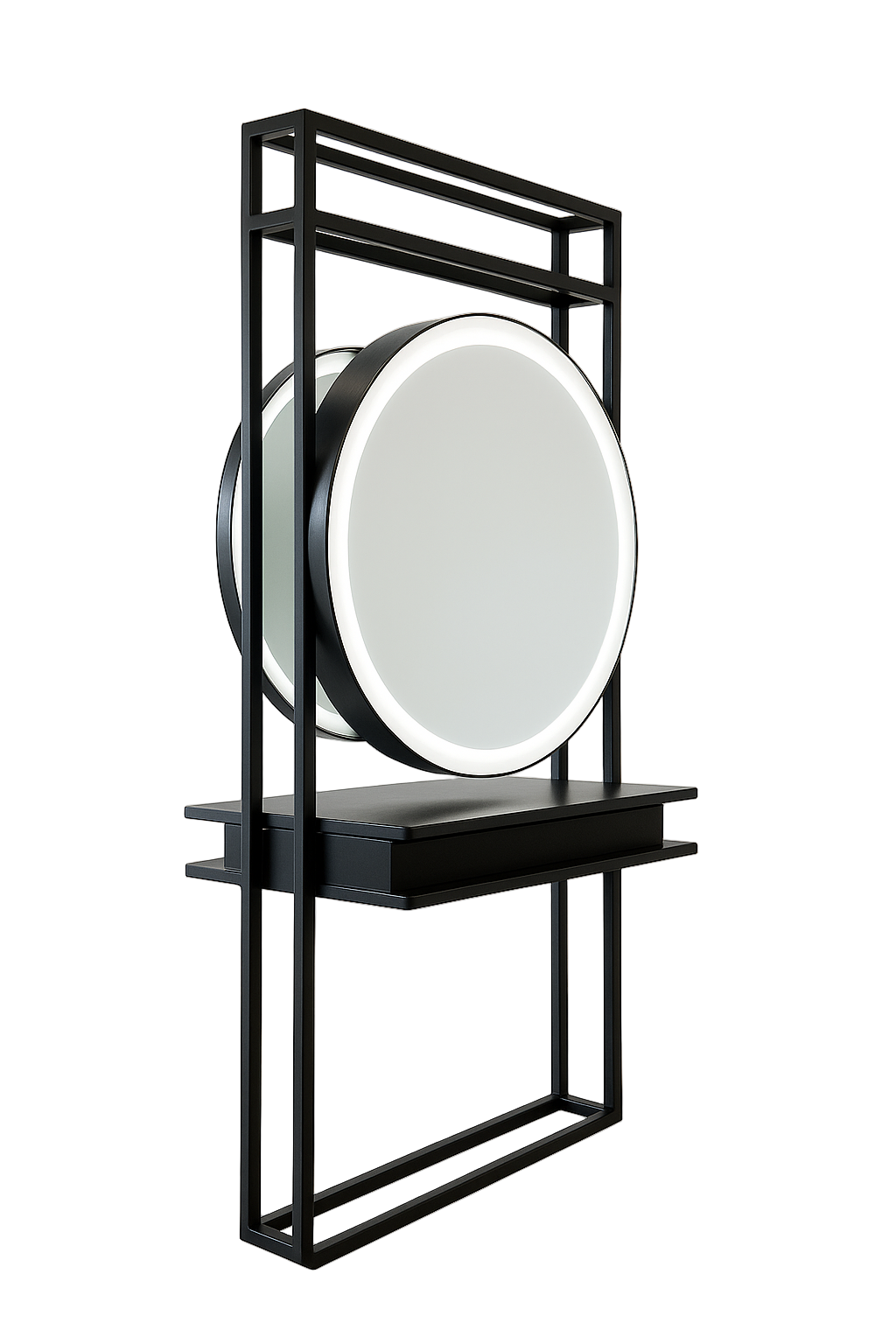 Karma Onslow Salon or Barber Shop Double Sided Complete Metal Workstation with Round Led Back-Lit Mirrors - Black 0610010619901S - image 2