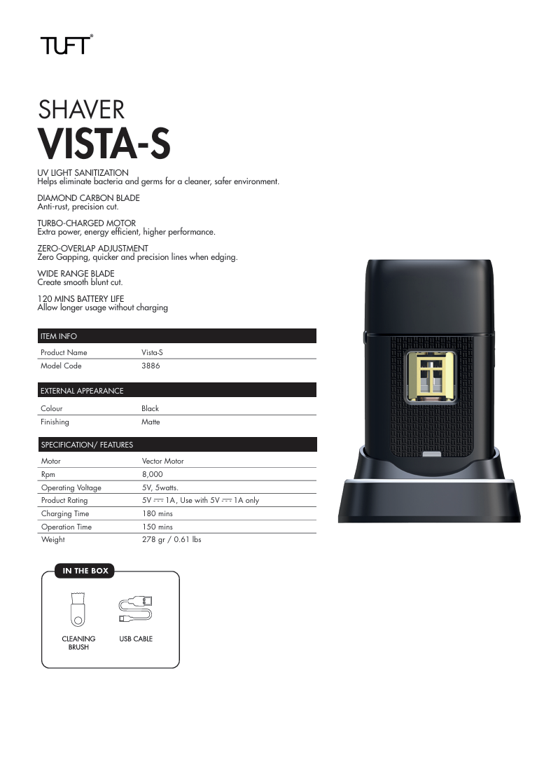 Tuft Vista S Professional Triple Foil Shaver with UV, Charging Dock and Extra Foil with Cutter - image 2